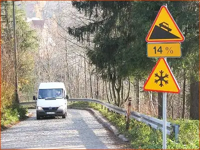 znak A-22 i A-32 droga opada aż 14 metrów na odcinku 100 metrów