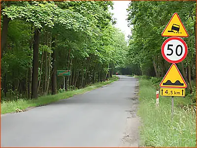 tabliczka T-2 i znaki A-11 i A-31 na odcinku 4,5 kilometra droga jest w kiepskim stanie
